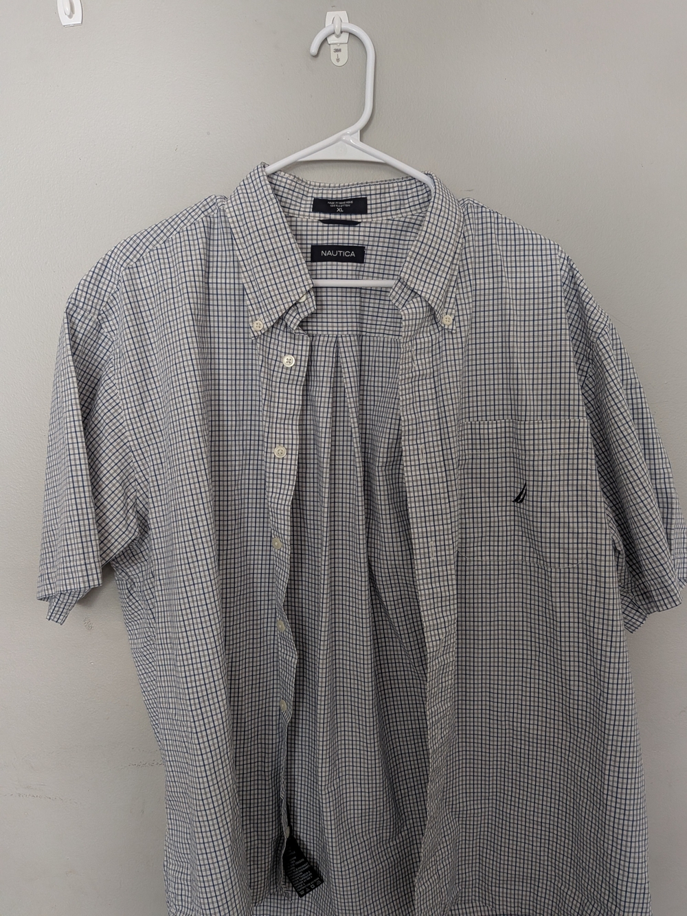 Nautica Short-Sleeve Button-Down Check Shirt in White and Blue